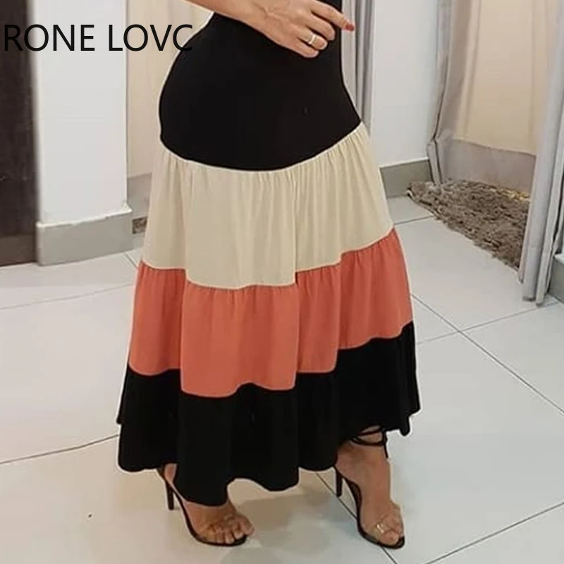 Женское платье макси на тонких бретельках с цветными блоками элегантное модное