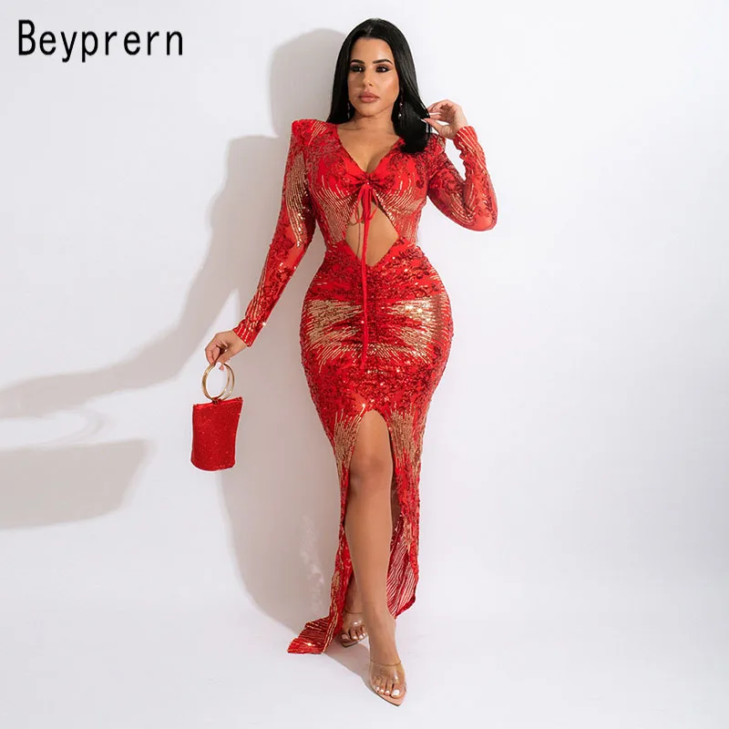 

Beyprern Sparkle Cut-Out Sequins Overlay Ruched Maxi Dresses Glam Front Slit Night Gown Party Celebrities Outifts New Year Dress