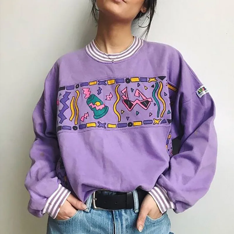 Women Hoodies Purple 2021 Autumn Round Neck Young Girls Female Printed Clothes Loose Cute Women Pullover Sweatershirts Oversized images - 6