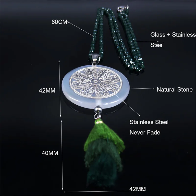 

2021 Flower of Life Stainless Steel Natural Stone Necklaces for Women Green Long Tassel Necklaces Jewelry collar mujer NC20S04