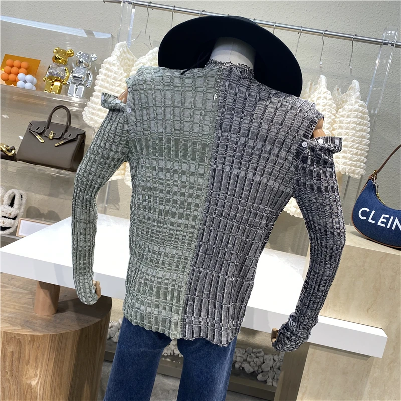 

New 2021 Fashionable Contrast Color Stitching Sweater Off Shoulder Pullover V-neck Slim Fit Mixed Thread Checkered Thin Sweater
