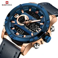 naviforce luxury mens watches dual display digital chronograph sport wristwatch waterproof military genuine leather quartz watch