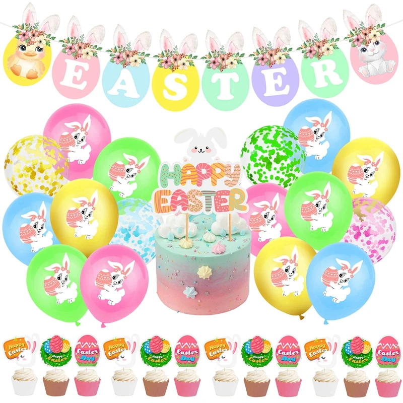 

Easter Party Decoration Rabbit Latex Balloons Happy Easter Cake Topper Bunny Eggs Bunting Banner Garland Easter For Kids