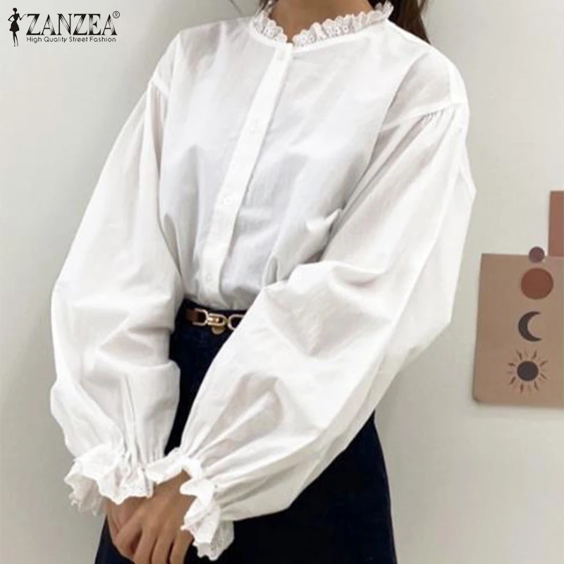 

ZANZEA Stylish Autumn Costume Tank Tops Women's Puff Sleeve Elastic Cuffs Blusas Female O Neck Casual Solid Color Blouse Femme
