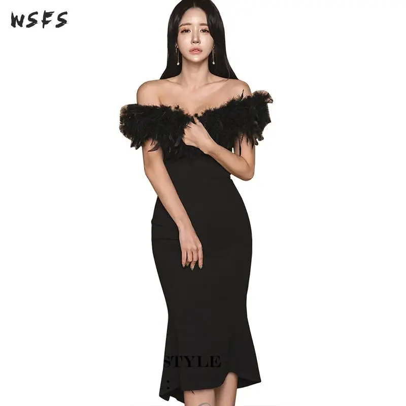 Женское винтажное платье Русалка длинное облегающее средней длины с черными