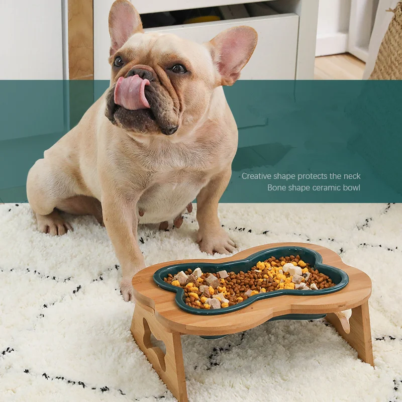 

New Fashion High-end Pet Bowl Bone Patterns Bamboo Frame Ceramic Bowl Feeding and Drinking Bowls for Dog and Cat Accessory