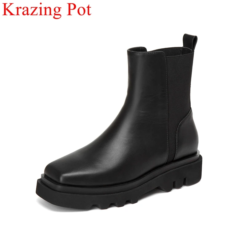

Lenkisen 2022 cow leather square toe Chelsea boots concise warm winter shoes platform slip on solid office lady ankle boots