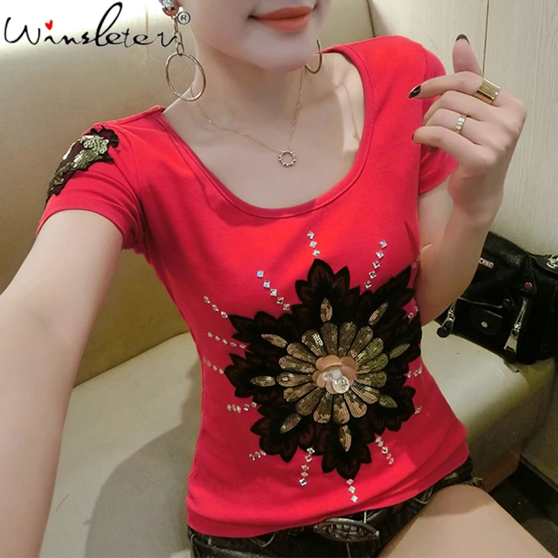 Футболка женская эластичная с V образным вырезом заклепками буквенной вышивкой