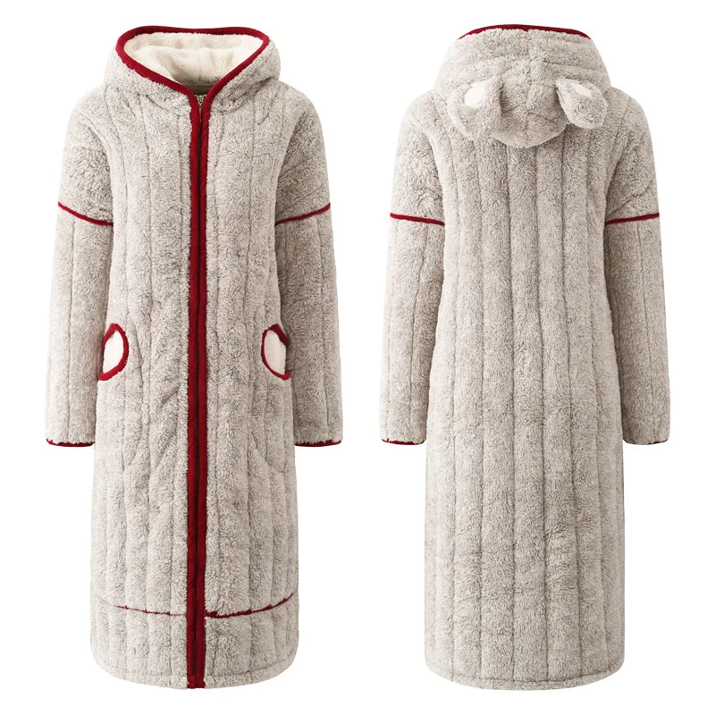 

High Quality Flannel Women Winter Bathrobe Zipper Hooded Long Nightgown Female Keep Warm Robe Thicken Dressing Gown Home Clothes
