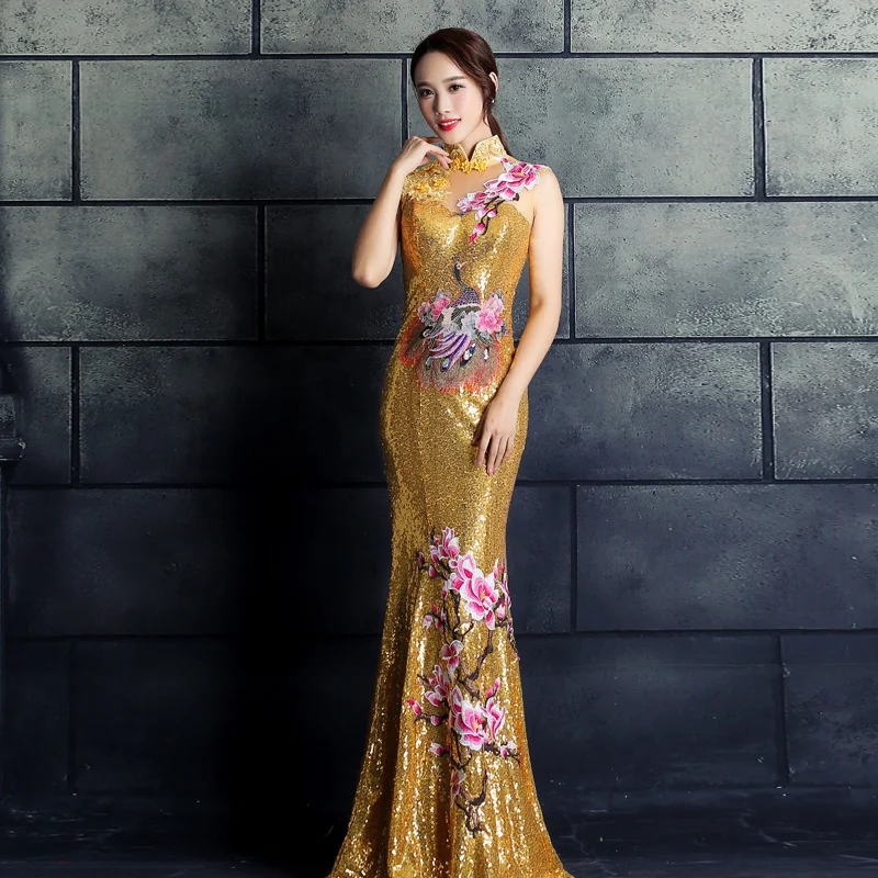 Темно-красный Для женщин Русалка Cheongsam Длинные вечерние платья с воротником