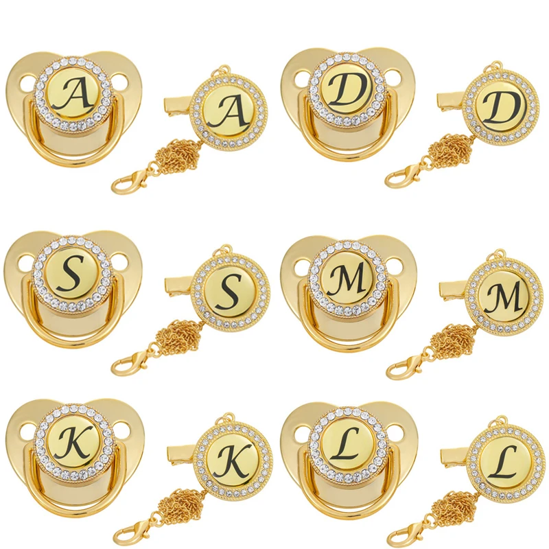 Wecute 26 Name Initial Letter Baby Pacifier and Pacifier Clips BPA Free Silicone Infant Nipple Gold Bling Newborn Dummy Soother