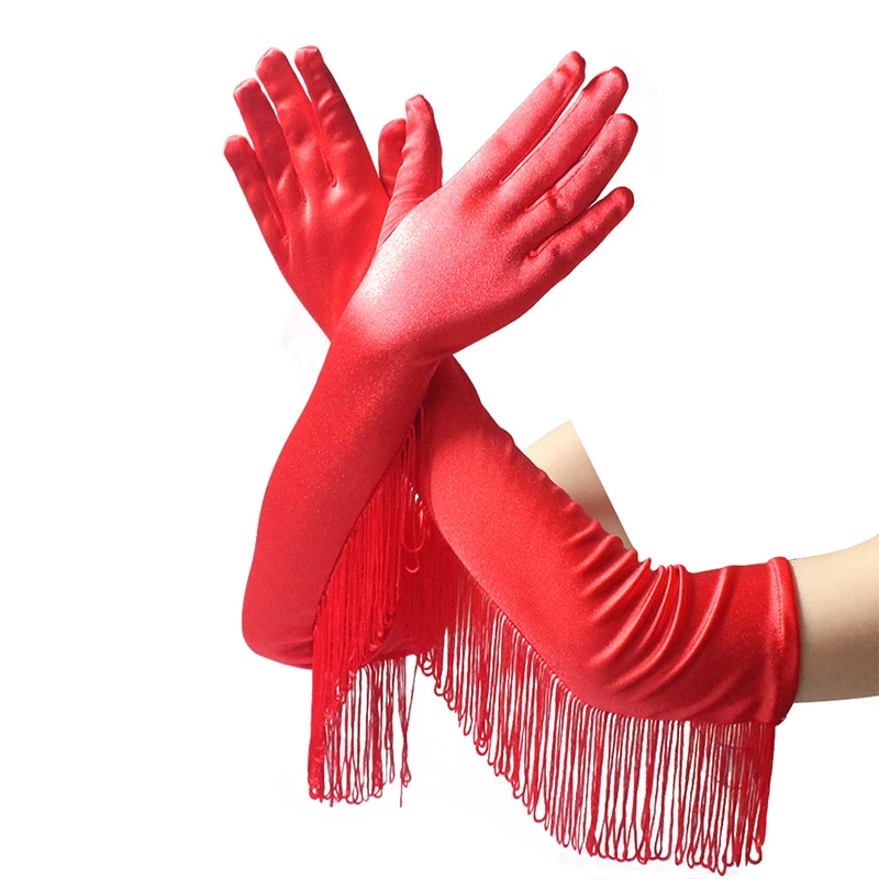 

Sexy Tassel Long Satin Gloves For Women Latin Dance Performance Gloves Banquet Party Opera Mitten Adult Stretchy Costume Gloves