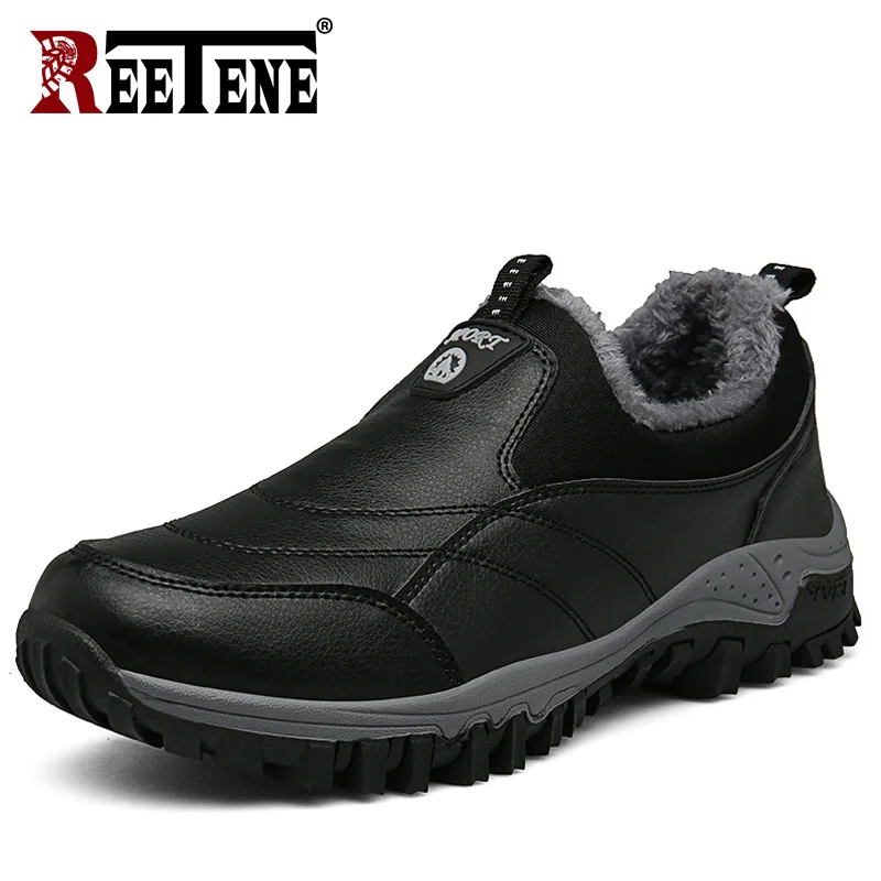 Мужские повседневные ботинки REETENE черные модные с теплым мехом и плюшевой