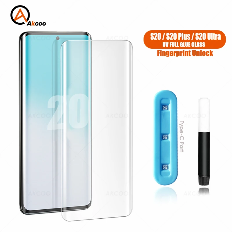 

Akcoo S20 Plus Screen Protector Full Cover for Samsung Galaxy S20 Ultra Tempered Glass UV Full Glue film with fingerprint unlock