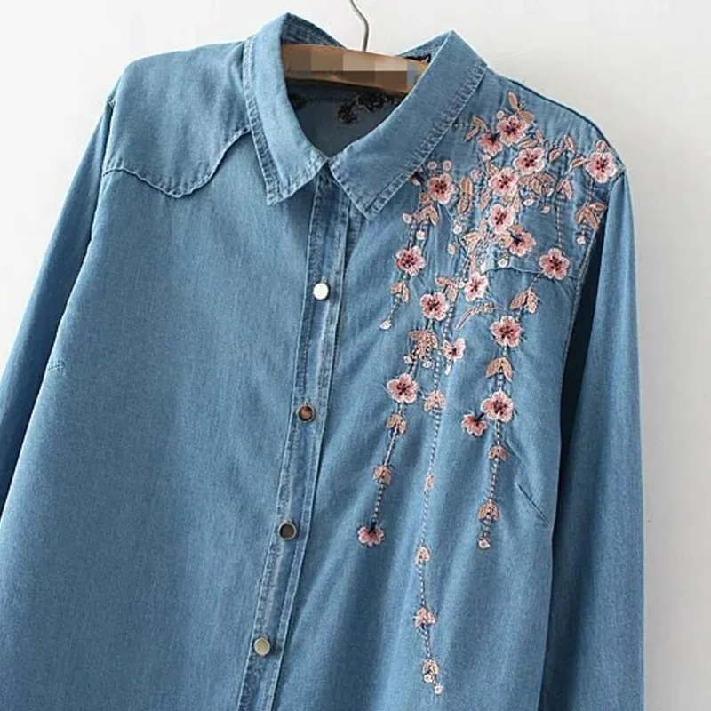 Женская Джинсовая блузка рубашка размера плюс с длинным рукавом рубашки