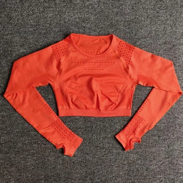 Orange tops Женский бесшовный набор для фитнеса с высокой талией, энергетический спортивный костюм, спортивные сетчатые леггинсы, рубашки, спортивный костюм с длинными рукавами, спортивные комплекты для бега - Цвет: Orange tops
