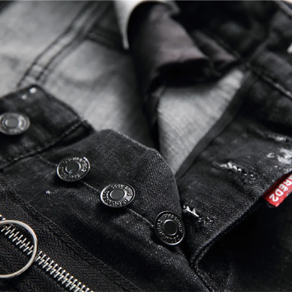 

Spring new tattered splashed paint splicing men slim stretch jeans contracted black beggar pants European American fashion jeans