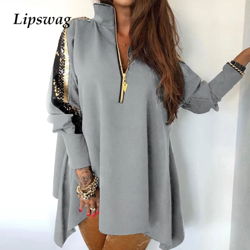 

2020 Sexy Sequins Long Sleeve Women Dress Spring Summer Zipper Turn-down Collar Party Dress Fashion Black/White Loose Mini Dress