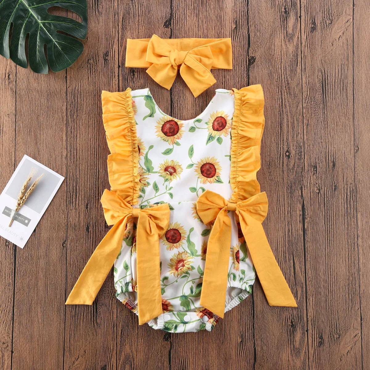 

Emmababy Newborn Baby Girl Clothes Sunflower Print Sleeveless Ruffle Bowknot Romper Jumpsuit Headband 2Pcs Outfits Sunsuit