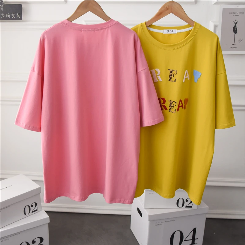 

2021 Summer Cotton White Short Sleeve Ladies T-shirt New Plus-Sized Loose Mid-Length Women Top Casual Crew Neck Pullover Tee