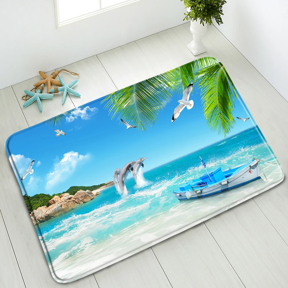 

Summer Ocean Scenery Bathroom Non-Slip Mat Dolphin Green Palm Tree Plant Flower Boat Indoor Doormat Absorbent Carpet Washable