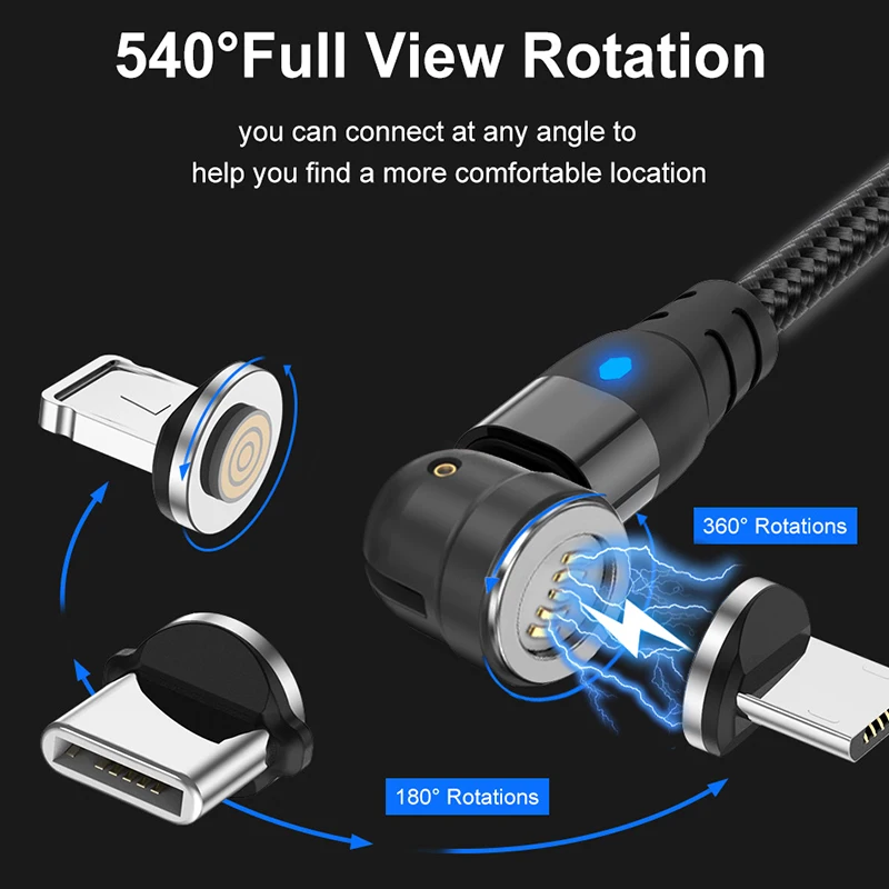 LOVEBAY 540 Rotate 3A Magnetic Cable Mobile Phone Charging Cables Micro USB Cable USBC Type C Charger For iPhone 12 Charge Wire