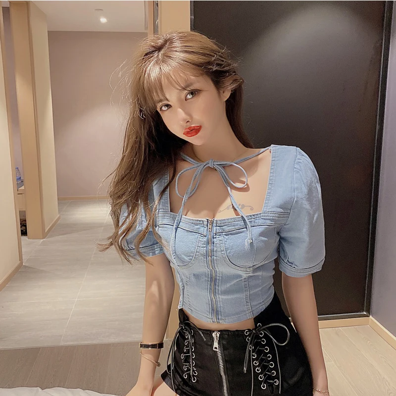 

Women's Zipper Denim Crop Blouses Square Collar Retro Blue Puff Short Sleeve Elegant Jean Shirts Lace-up Clubwear Bar Sexy Tops