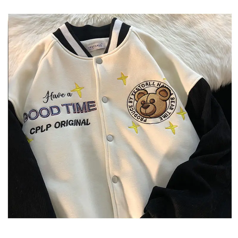 

New retro wild bear embroidery loose couple autumn thin baseball uniform jacket sweater fashion trend jacket women coat women