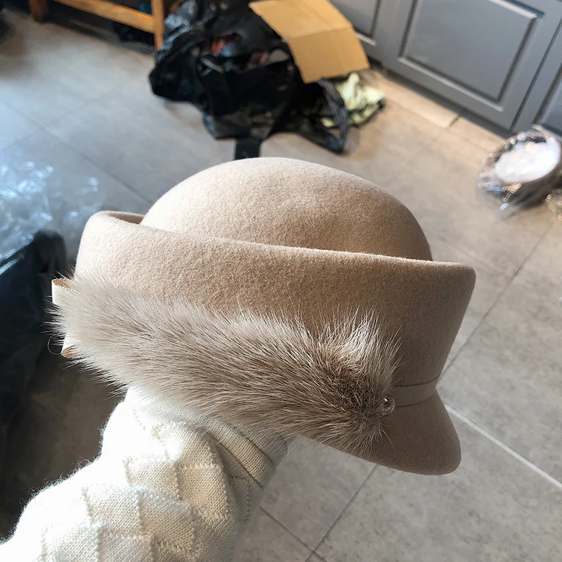 

202010-chenxing autumn winter wool Celebrity party Mink hair decoration lady beret hat women Leisure painter hat