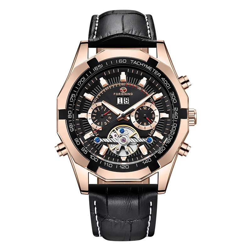 FORSINING, модные мужские Tourbillon, автоматические часы, Серебряный Скелет, кожаный ремешок, военные механические наручные часы, мужские спортивные часы - Цвет: black gold