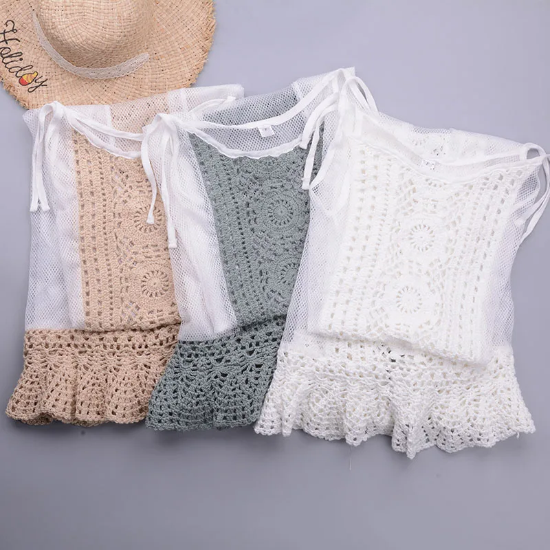 

2021 European and American beach features hand hook swimsuit stitching one-piece skirt sunscreen suspenders holiday mesh skirt