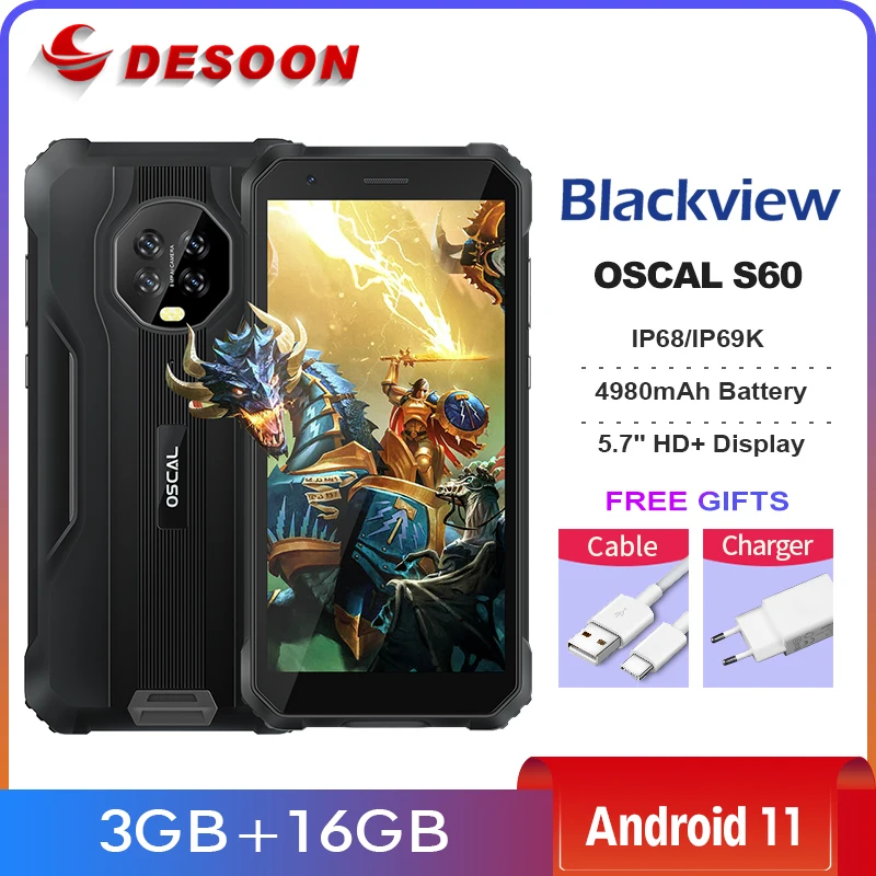 Blackview OSCAL S60 3GB+16GB IP68/IP69K Rugged Smartphone 5.7'' HD+ 4980mAh 5MP+8MP Camera Android 11 Quad Core Mobile Phone