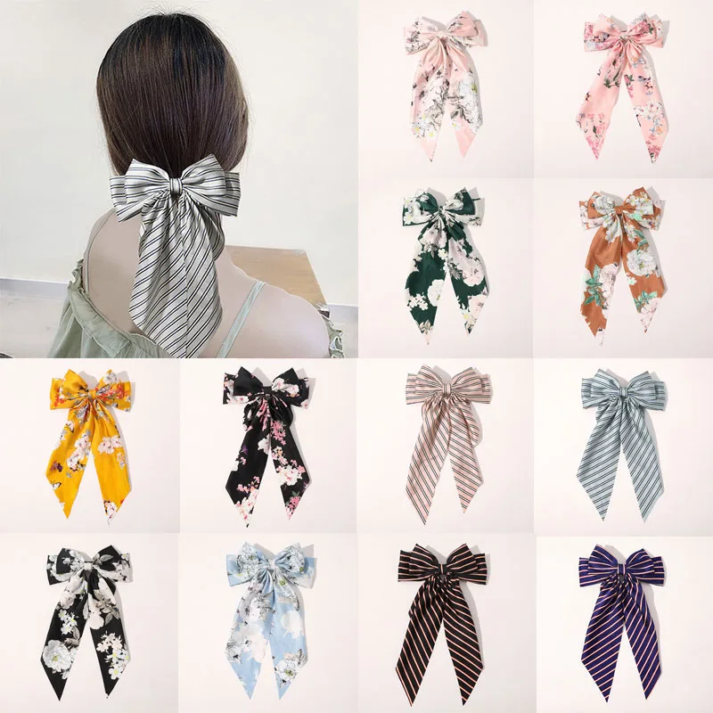 

Simplicity Fashion Striped Floral Print Barrettes Large Satin Bowknot Ribbon Hairpin Oversized Bows Hair Clip Hair Accessories