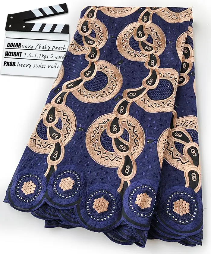 Navy blue Baby peach 5 ярдов полная вышивка африканская швейцарская вуаль кружевная ткань с дышащими отверстиями камни мягкие высокого качества - Цвет: Navy blue Baby peach