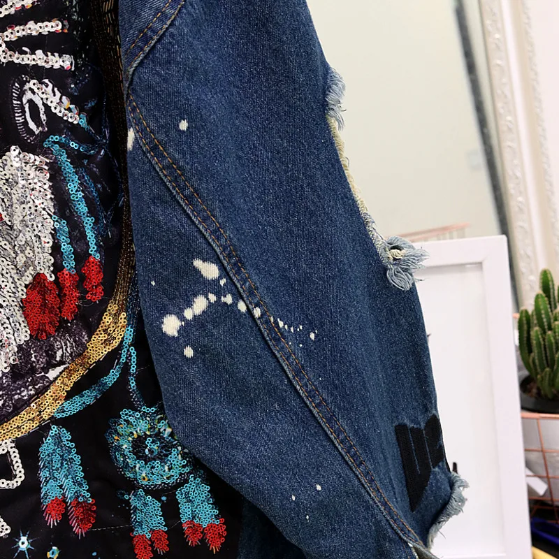 

Spring Autumn Vintage Hooded Jeans Jacket Womens Sequins Holes Loose Denim Jackets Ladies Harajuku Basic Jean Coat Outwear Femme