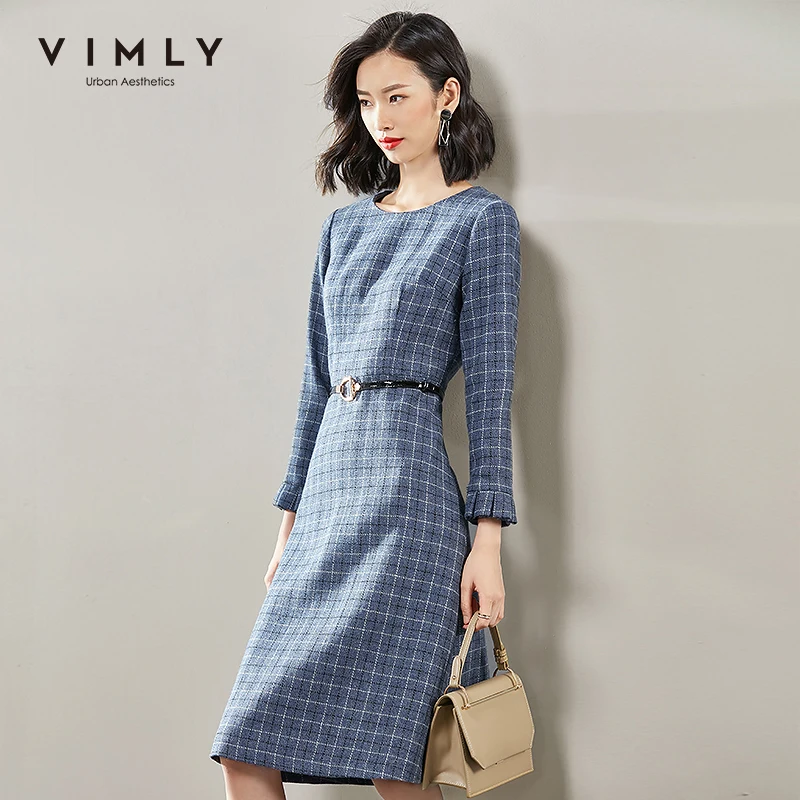 Женское офисное платье трапеция Vimly элегантное клетчатое с круглым вырезом и