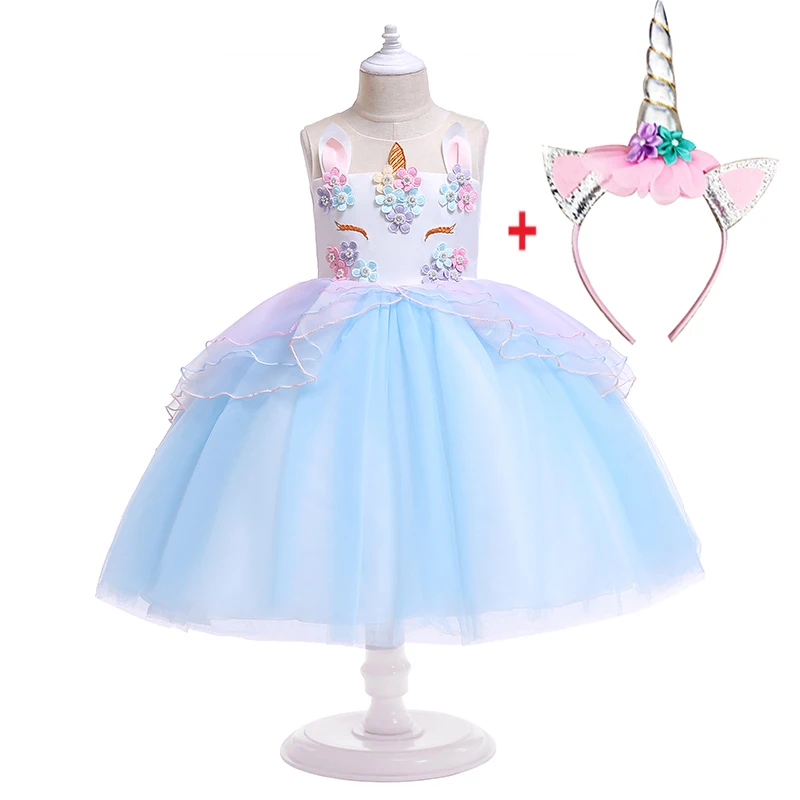 SkyBlueHeadband Фантазийное рождественское платье с единорогом для девочек от 2 до 10 лет, Детский костюм принцессы детская одежда для дня рождения - Цвет: SkyBlueHeadband