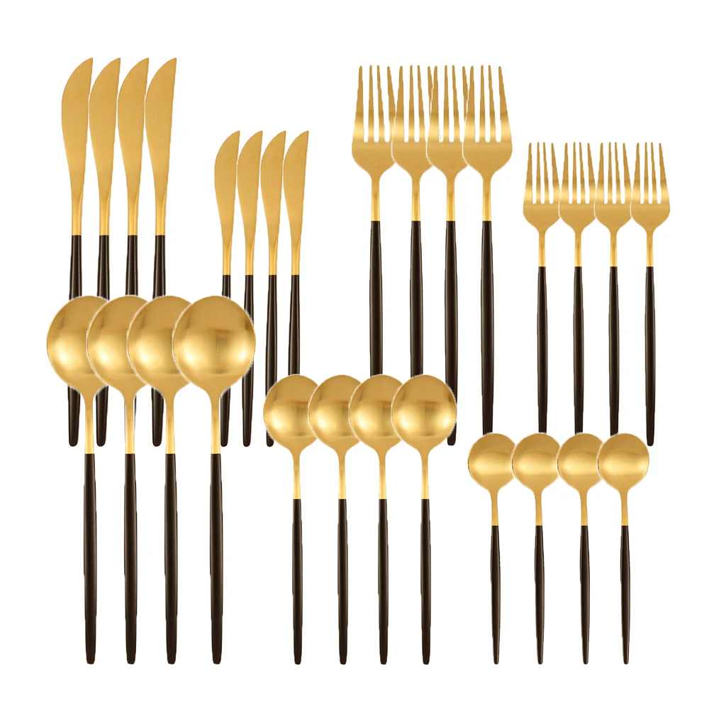 

28pcs Cutlery Set Stainless Steel Matte Black Gold Tableware Dessert Knife Fork Tea Spoon Flatware Silverware Kitchen Dinnerware