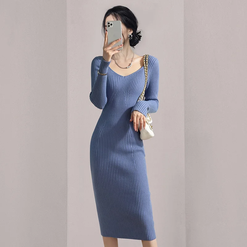 

Sexy V-neck Knitted Slimming Long Sleeves Sheath Dress Sweater Rac