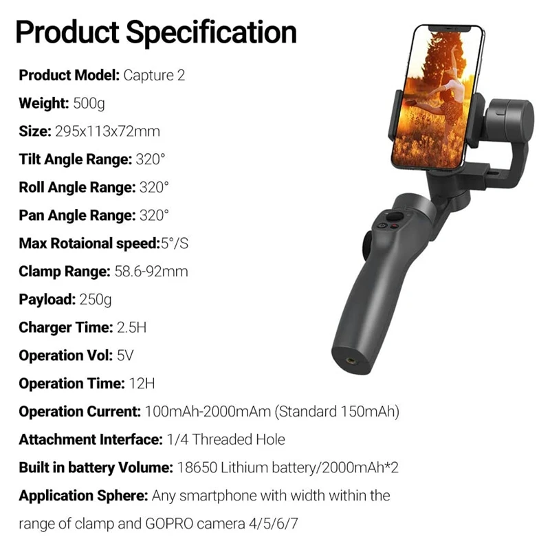 

Capture 2 Video Stabilizer Smartphone Handheld Gimbal Stabilizer for iPhone 11 Pro XS Max XR X 8 Plus 7 6 Phone