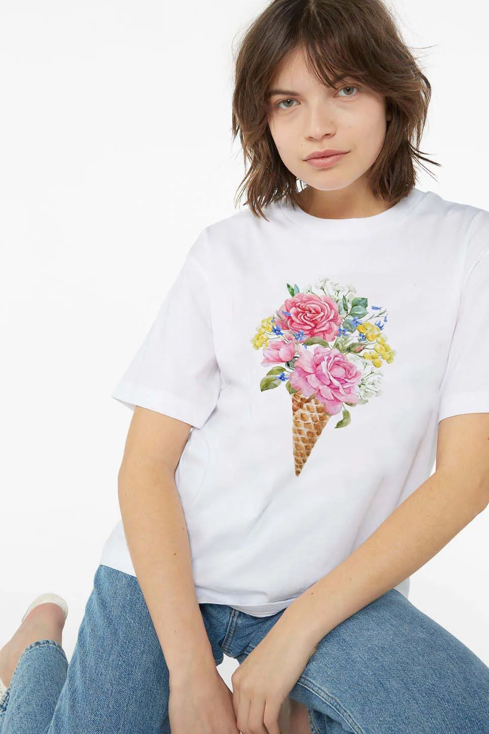 

Женская рубашка, Женская креативная футболка с цветочным рисунком мороженого, женская модная футболка, топ с графическим рисунком и коротк...