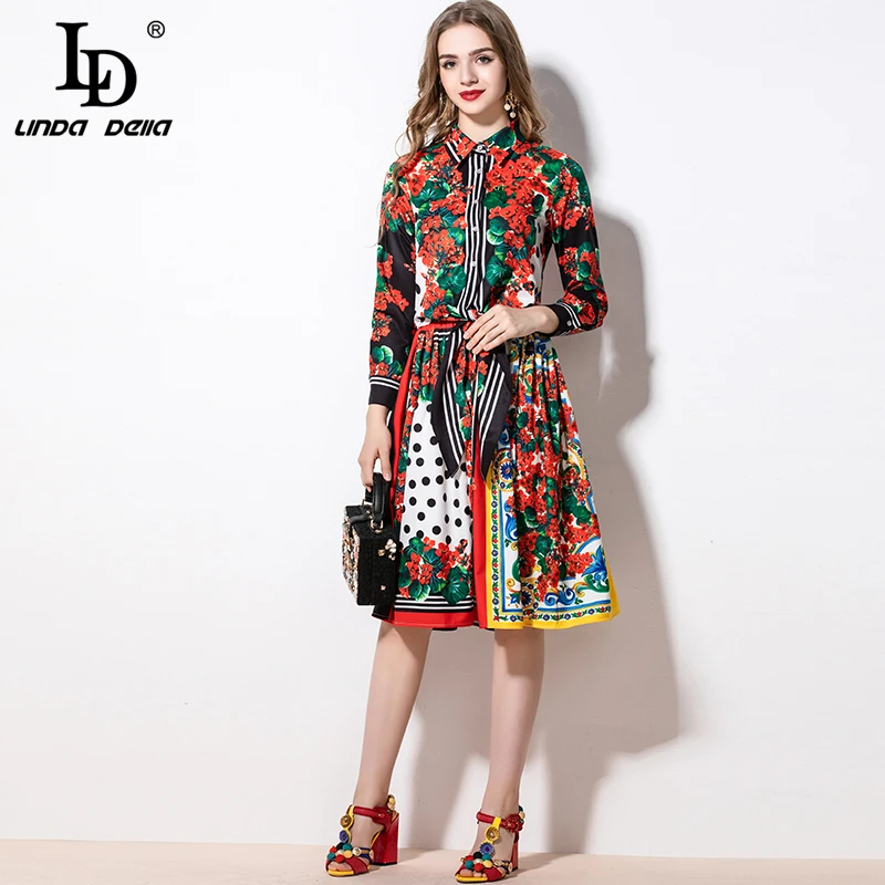

LD LINDA DELLA 2020 Autumn Fashion Women's Suit Vintage Flower Floral Print Top and A-Line Midi Skirt Two Pieces Set Suits