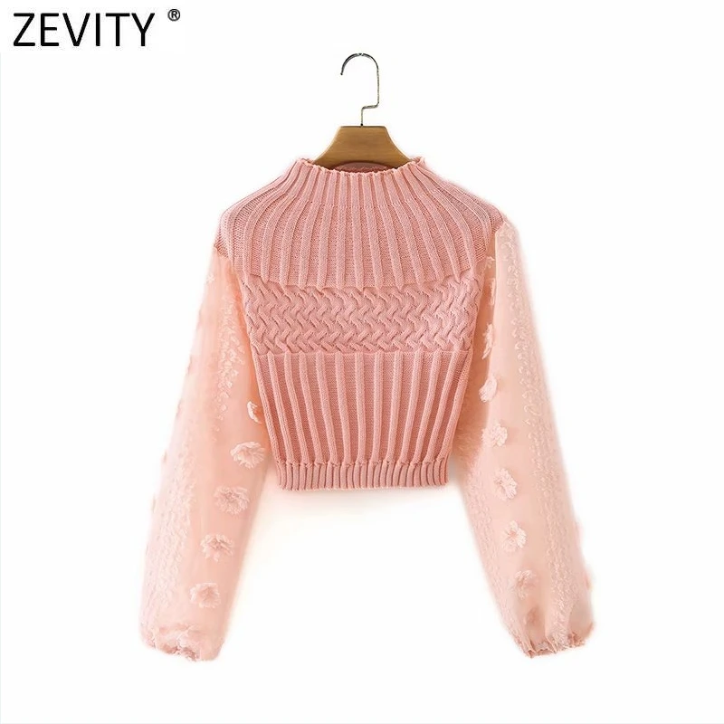 Zevity 2021 New Women Fashion Appliques Chiffon Lantern Sleeve Patchwork Short Knitting Sweater Ladies Chic Pullovers Tops S631