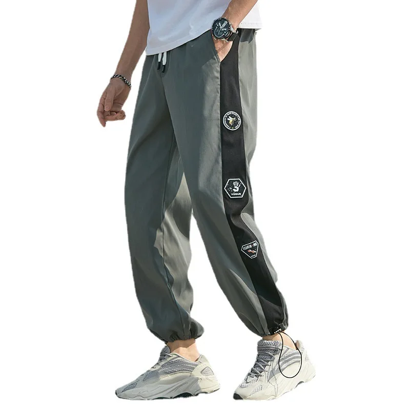 

Cargo Pants Men's Summer Thin Korean Green Patchwork Trousers For Male Straight Drawstring Color Contrast Ankle Length Pants Men