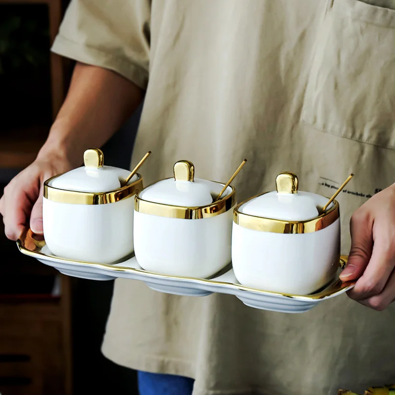 Европейский роскошный керамический сахарник с белым золотым краем банки для
