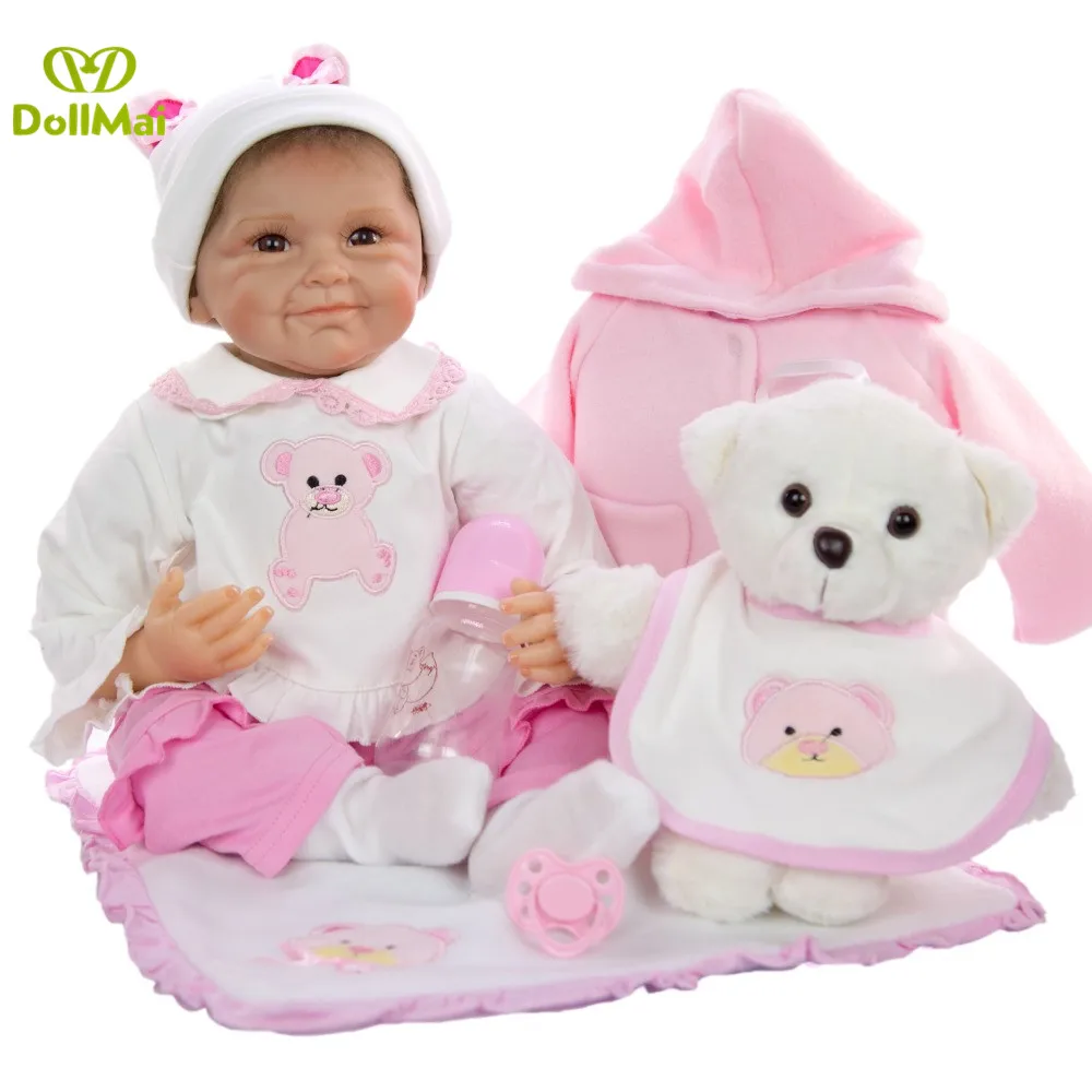 22" bebe doll reborn babies with pink cartoon bear clothes silicone dolls children Christmas gift toys bonecas | Игрушки и хобби