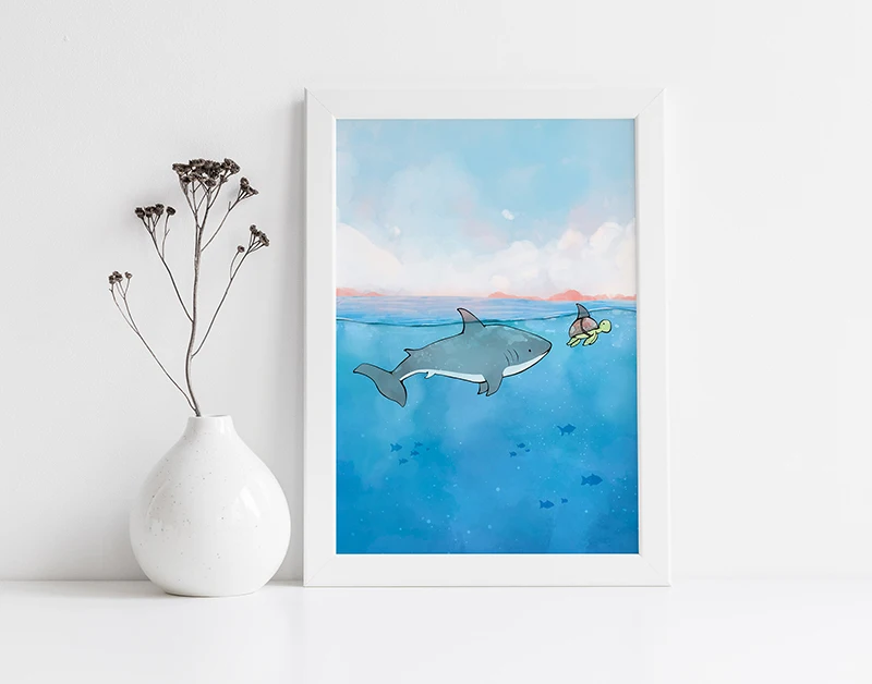 Акулий и морская черепаха художественная печать иллюстрация животных океана