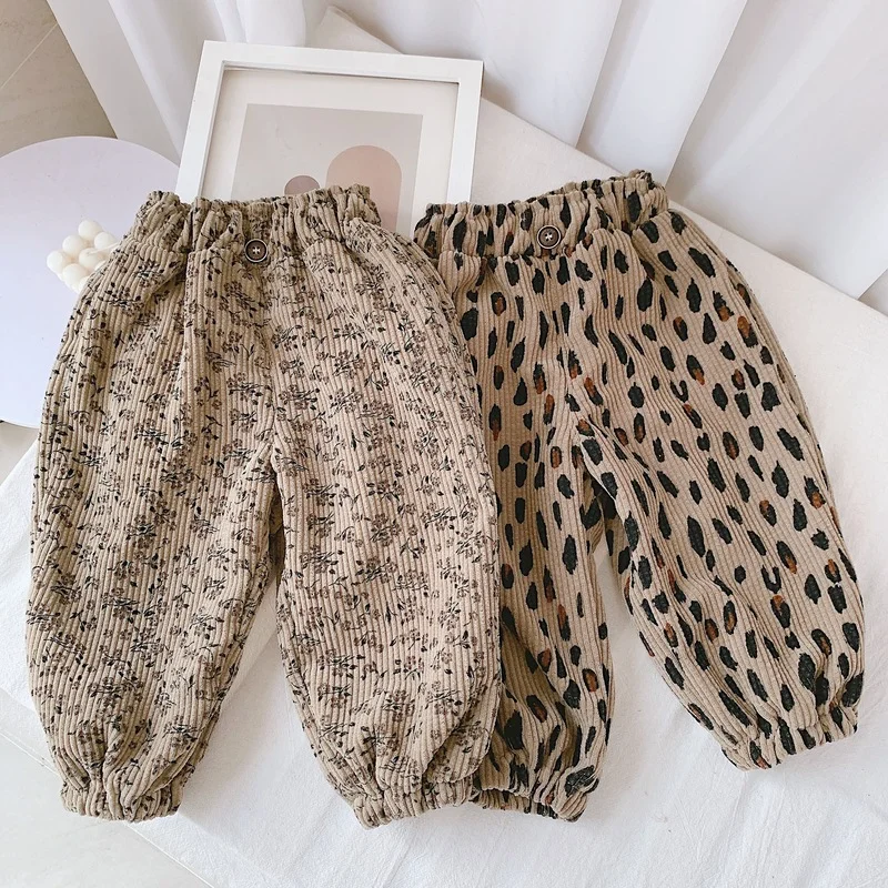 

0 To 5 Years Old Toddler Girl Pants Fashion Floral Leopard Winter Cotton Baby Girls Trousers Warm Corduroy Children Pant EY10083