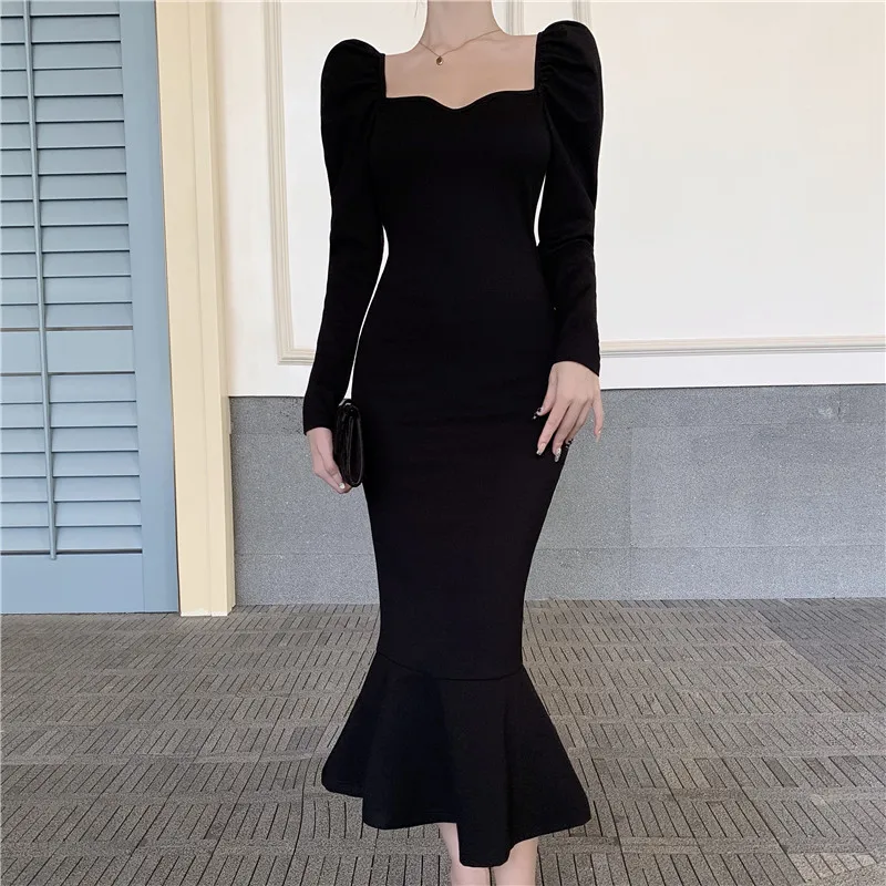 

Sexy Knitted Sweater Dress For Women Puff Sleeve Fishtail Dress Autumn Winter Long Sleeve Midi Robe Party Dresses Female Clothes