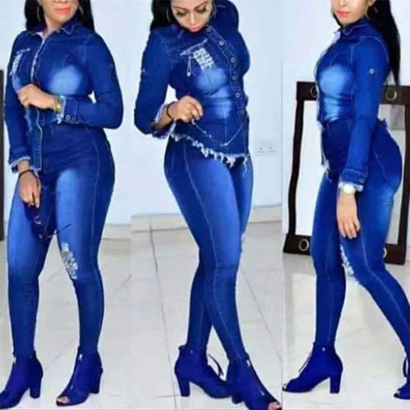 

Джинсовый костюм женский джинсовый костюм, повседневный костюм из двух предметов, Топ с длинным рукавом и брюки, уличная одежда для вечерин...